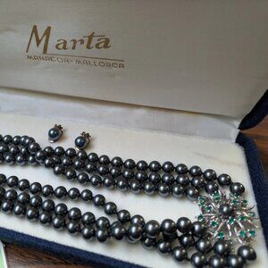 Vintage Marta Manacor-Mallorca black pearl necklace set with earrings